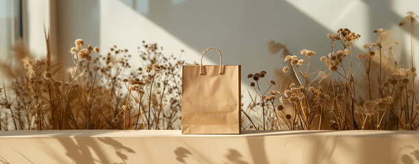 A brown paper shopping bag rests on a sunny window sill surrounded by dried flowers, evoking a calm, serene scene.