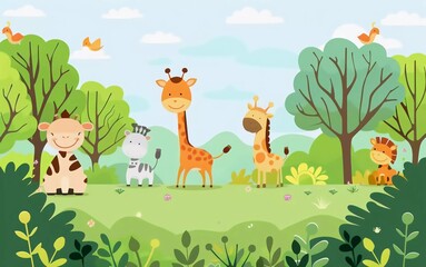 Background scene with illustrations of animals in a very beautiful garden