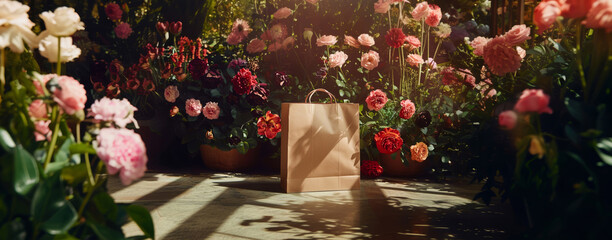 Fototapeta premium A shopping bag perfectly blending into a lush garden full of vibrant flowers, emphasizing sustainable lifestyle choices.