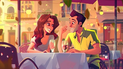 Vibrant Young Couple Sharing a Carefree Date on Restaurant Terrace at Night