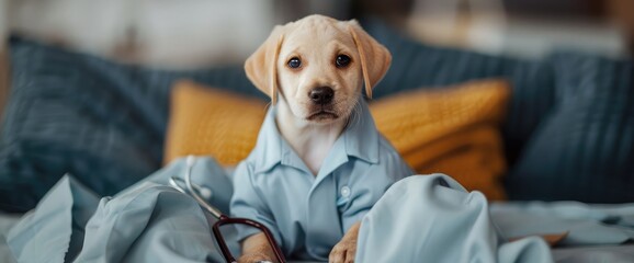 Lovable, pretty puppy, wearing a doctor's coat and holding stethoscope. Preparing for a veterinary...