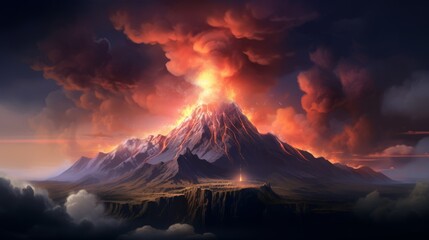 A digital painting of a volcano with a cloud of smoke coming out of it.