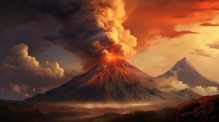 A digital painting of a volcano with a cloud of smoke coming out of it.
