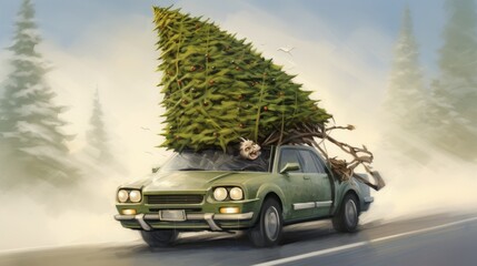 A car with a trunk on the roof is driving down a road with a christmas tree on the roof.