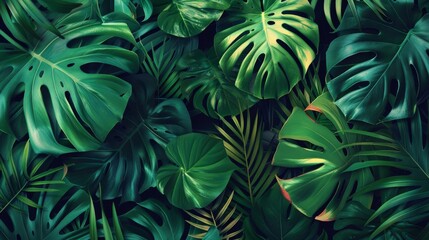 An abstract representation of lush tropical foliage, creating a dense green botanical wallpaper