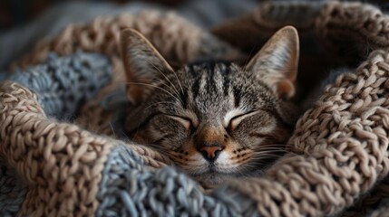 a cute cat sleeping comfortable in a whoolen blanket