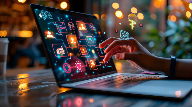 Innovation Stream: Hand Guiding Abstract Icons on Laptop Screen for Business Innovation