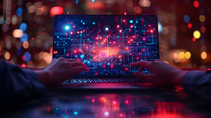 Digital Innovation: Interactive Technology Icons and Abstract Elements Presented on Laptop in Business Technology Theme