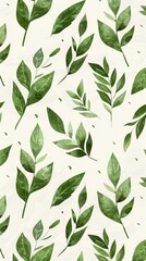 A seamless botanical watercolor illustration featuring a variety of green leaves, perfect for backgrounds, textiles, and eco-friendly concepts