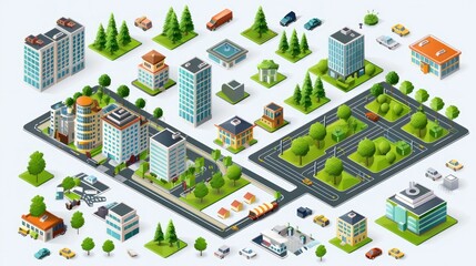 A versatile set of cityscape design elements, featuring an isometric perspective for building and city map generation