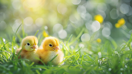 Charming Hand-Painted Watercolor Easter Chicks Nestled in Spring Grass - Close-Up Shots