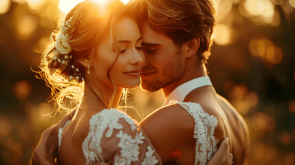 Photo-real close-up of emotional embrace between newlyweds in wedding theme