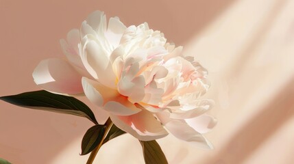 Obraz premium An elegant and aesthetic close-up of a peony flower, enhanced by the play of sunlight and shadows on a neutral peachy beige background
