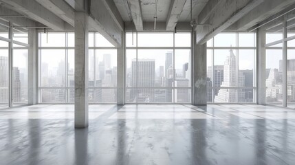 An empty loft-style room with a modern concrete floor and large windows offering a city view