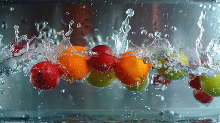 Captivating image of fresh fruits making a splash as they fall into crystal clear water