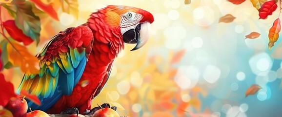 Noble red parrot. exotic birds. The parrot eats fruit. Place for an inscription