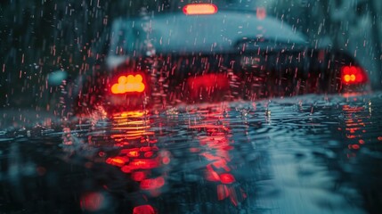 A dynamic scene capturing heavy rain and hail pelting a car's roof, with splashes and ice fragments captured in motion blur