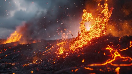 Lava bursts energetically from the crater of a volcano, a dynamic display of Earth's geothermal power