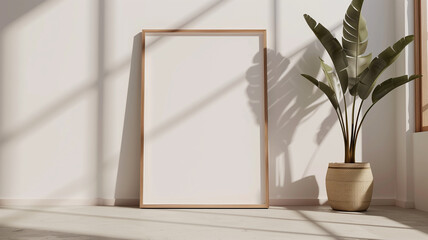 The wooden frame is placed on the floor, leaning against the wall. There is a potted plant next to it. The sunlight shines through the window, creating shadows on the wall.