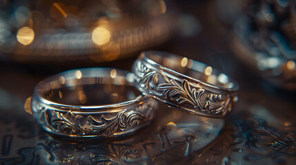 Macro Photography of Intricate Wedding Band Patterns in Wedding Theme