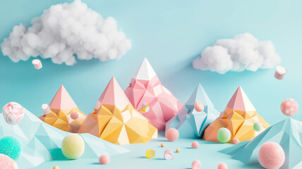 Obraz premium This is a 3D rendering of a whimsical landscape. There are pastel colored mountains and clouds, and the ground is covered in snow. The scene is very calming and peaceful.