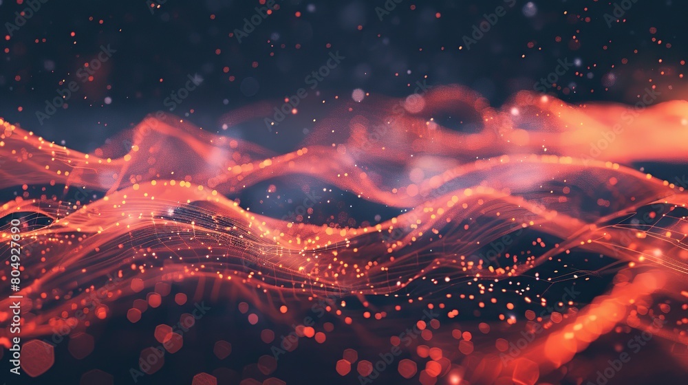 Poster abstract futuristic background wave with connecting dots and lines on a dark background. copy space 