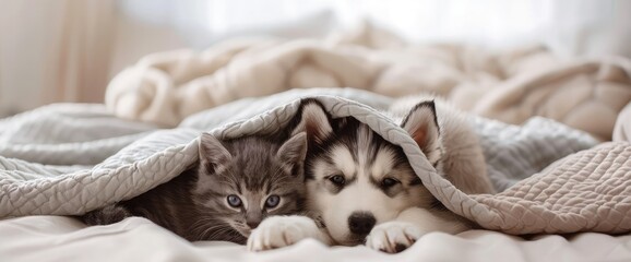 Playful Alaskan malamute puppy hugs gray kitten sit together under warm blanket on a bed at home.