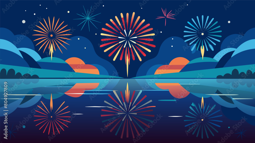 Poster a mesmerizing reflection of the fireworks in the lake creating a mirror image of the spectacular cel