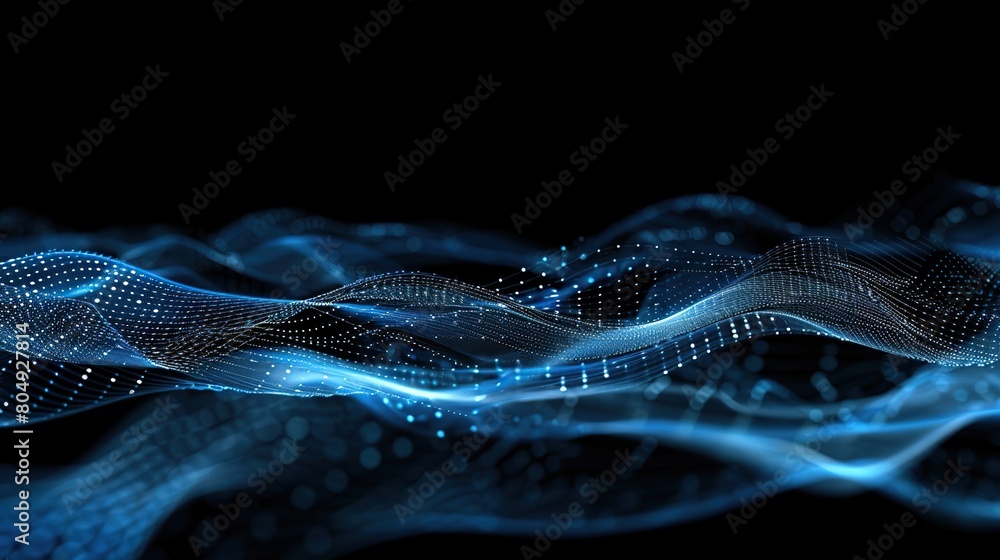 Poster abstract futuristic background wave with connecting dots and lines on a dark background. copy space 
