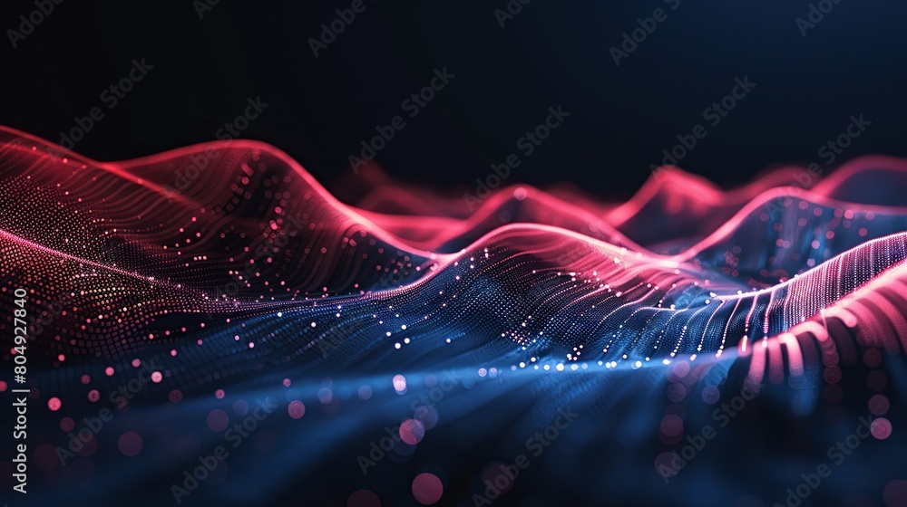 Poster abstract futuristic background wave with connecting dots and lines on a dark background. copy space 