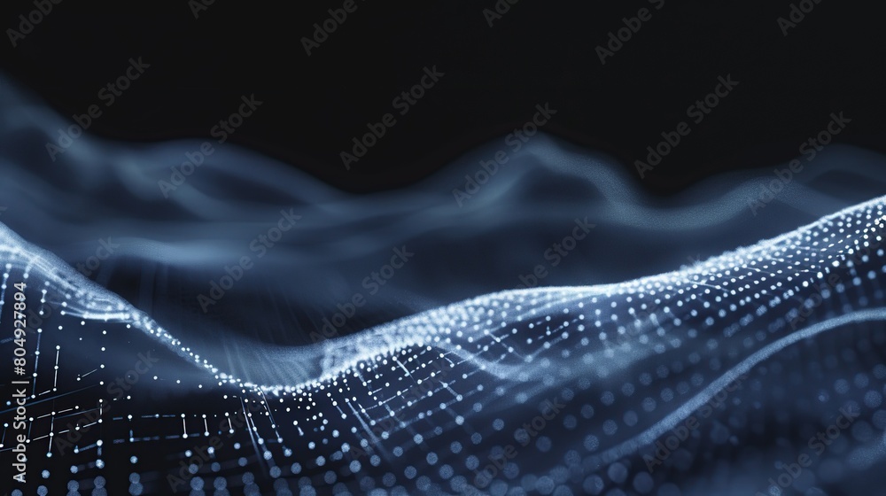Poster abstract futuristic background wave with connecting dots and lines on a dark background. copy space 