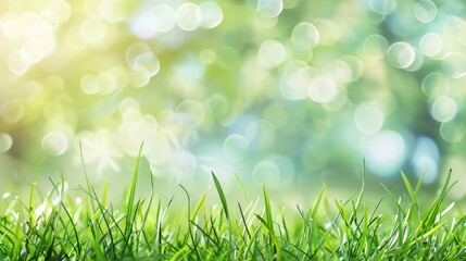 Obraz premium Lush green grass glistens with morning dew drops against a softly blurred bokeh background