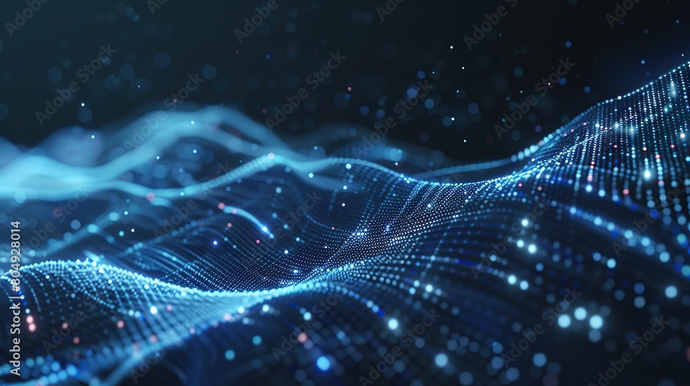 Poster abstract futuristic background wave with connecting dots and lines on a dark background. copy space 