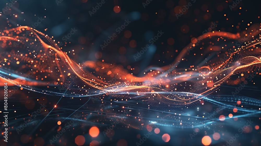 Poster abstract futuristic background wave with connecting dots and lines on a dark background. copy space 