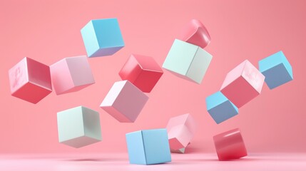 Brightly colored plastic toy blocks appear suspended in mid-air against a pastel pink background