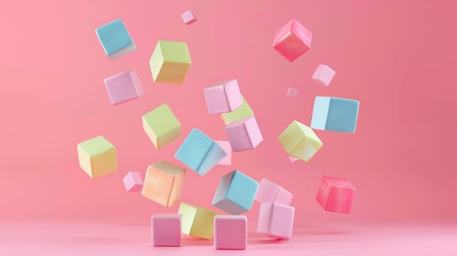 Brightly colored plastic toy blocks appear suspended in mid-air against a pastel pink background