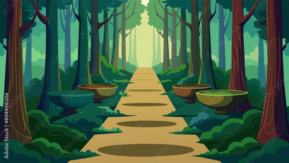 Poster walking through a mosscovered path surrounded by towering trees and the resonating echoes of tibetan