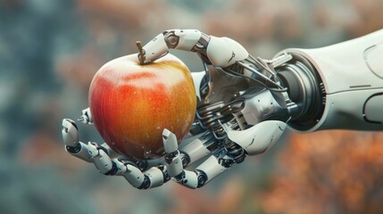 A 3D rendering of a robotic hand gracefully holding an apple, symbolizing the integration of technology and genetic modification