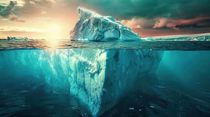 An icebergs tip and submerged section glisten in the sunlit North Sea. copy space for text.