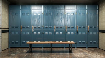 Blue metal storage lockers with an accompanying wooden bench are situated in a locker area, with various doors in different states of open or closed. copy space for text.