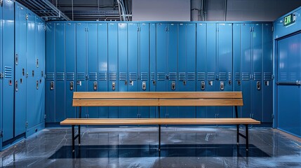 Blue metal storage lockers with an accompanying wooden bench are situated in a locker area, with various doors in different states of open or closed. copy space for text.