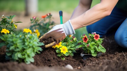 Woman putting beautiful flowers into the ground in the garden, arranging the garden, planting flowers in the garden,