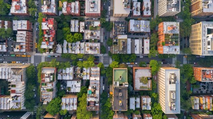Detailed top-view aerial images showcasing the layout and structure of city blocks, highlighting urban planning and density.

