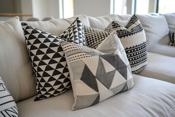 A set of modern geometric throw pillows with monochromatic patterns or subtle textures, arranged on a neutral-colored sofa, adding depth and sophistication to the decor. 