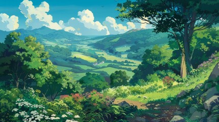 Vibrant meadows, bathed in sunlight. White flowers dot the landscape like scattered pearls. hills rise and fall, their contours softened by the blue sky.
