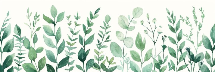 A seamless botanical watercolor illustration featuring a variety of green leaves, perfect for backgrounds, textiles, and eco-friendly concepts