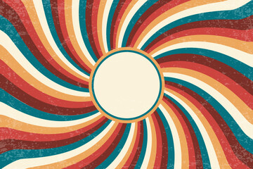 Retro sun background. Abstract vector summer sunburst with rays. Vintage grunge texture 70s design. Old paper groovy color illustration.