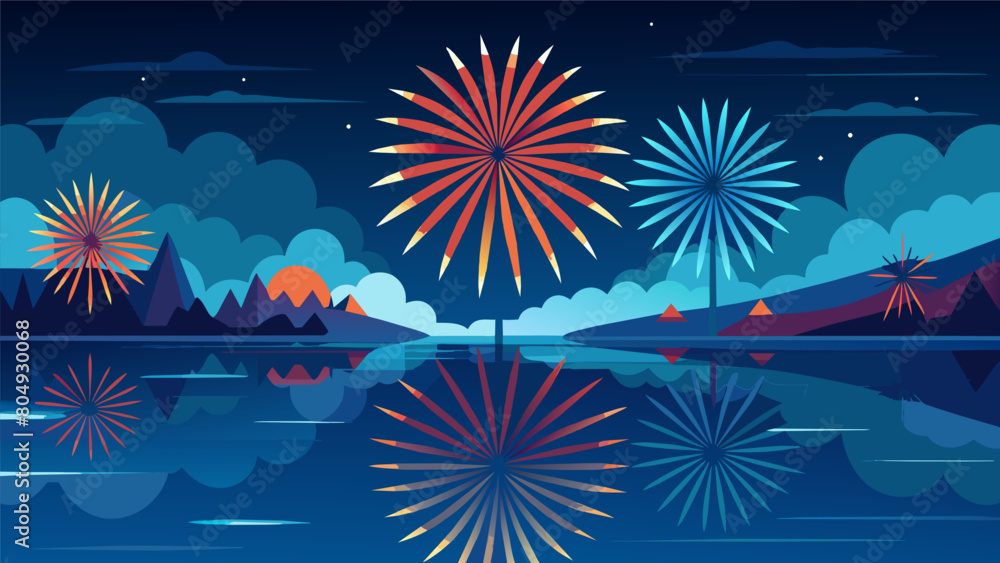 Poster a stunning display of fireworks reflected in the peaceful waters of a lake a symbol of the nations f