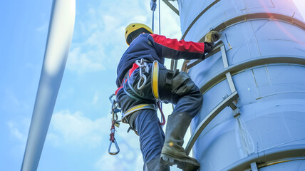 Technician Climbing Wind Turbine for Maintenance