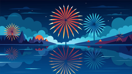 A stunning display of fireworks reflected in the peaceful waters of a lake a symbol of the nations freedom and unity as it commemorates Independence. Vector illustration